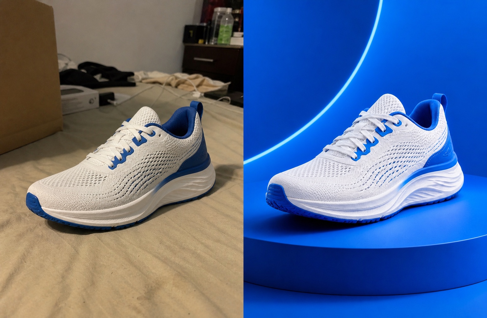 The same shoe transforming from a messy, poorly lit phone shot into a professional blue studio image